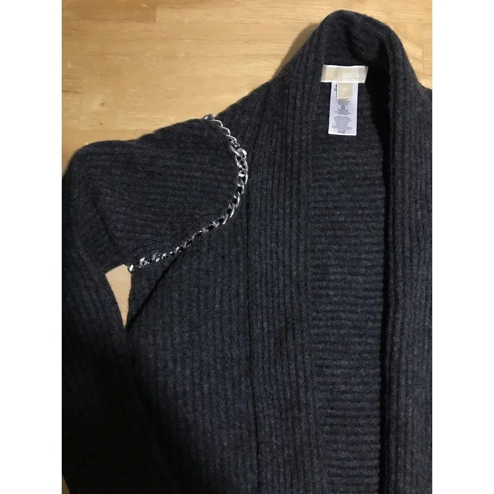 Michael Kors Gray Sweater Cardigan 100% Lamb‎ Wool Silver Chain Long Sleeve XS